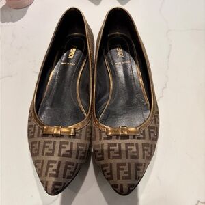 Fendi Brown Monogram Pointed-Toe Flats with Gold Trim